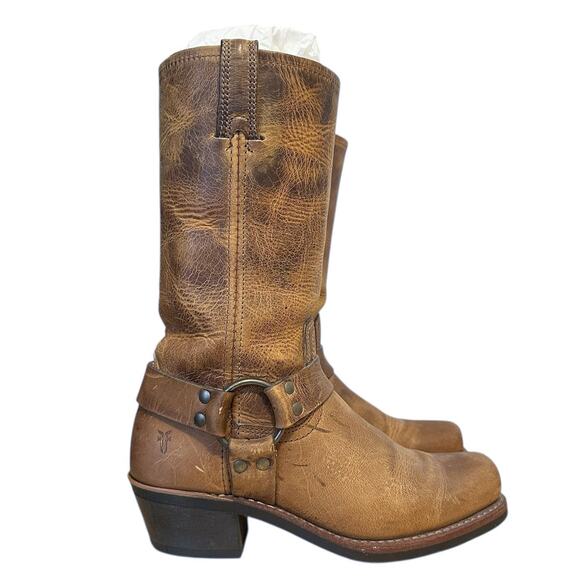 Frye Vintage Brown Leather Square Toe Harness Boots 7.5 - Picture 1 of 13